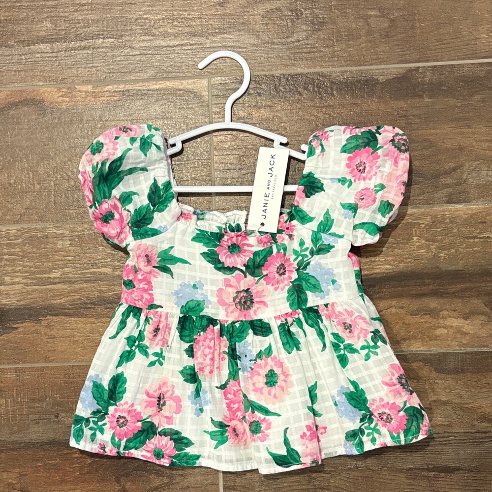 Janie and Jack White Floral Puff Sleeve Top with Pink & Green